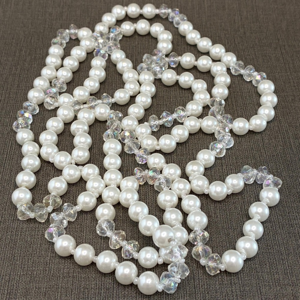 Vintage Necklace Faux Glass Pearl Crystal Long Rope 58" Continuous Strand